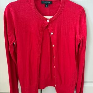 Ann Taylor Bright Red Crewneck Button-Front Cardigan